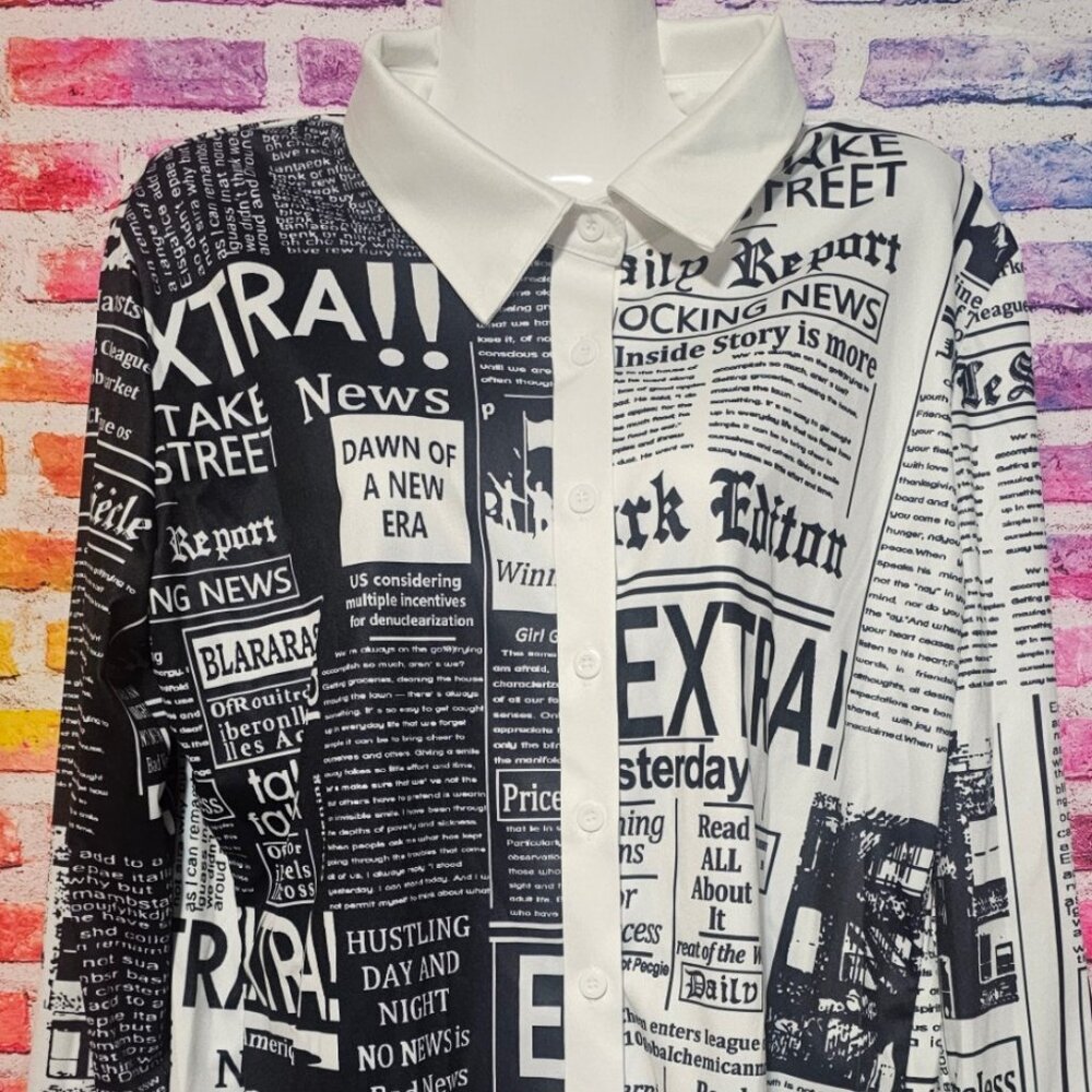 Newspaper Slogan Print Long Sleeve Casual Shirt Black and White Size 2XL